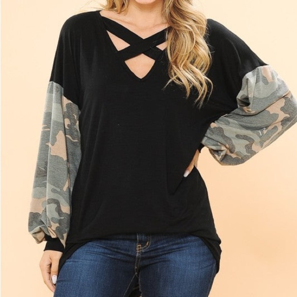 Criss Cross Tunic with Camo Sleeves